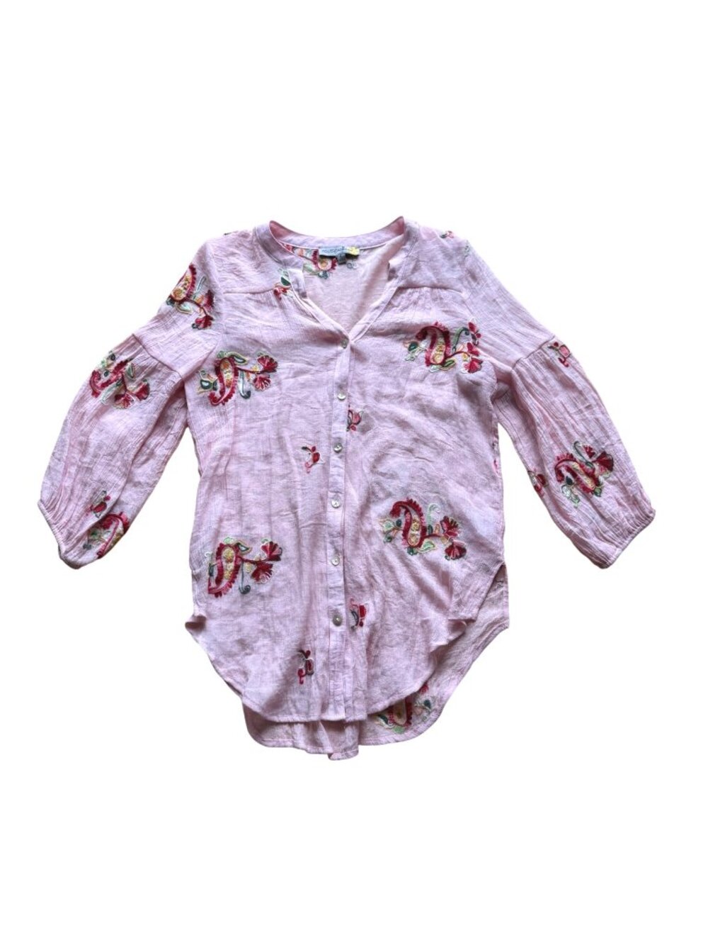 Figueroa & Flower Women's Button Front Top L Pink Embroidered Boho Tunic Blouse